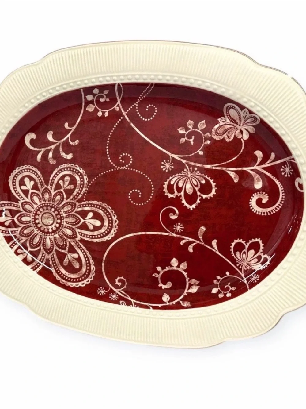 Pier 1 Imports Maribeth 18” Oval Serving Platter Burgundy Cream Ironstone